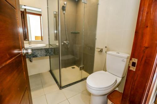 頭頓的住宿－CAROLINE SEA HOTEL，一间带卫生间和玻璃淋浴间的浴室