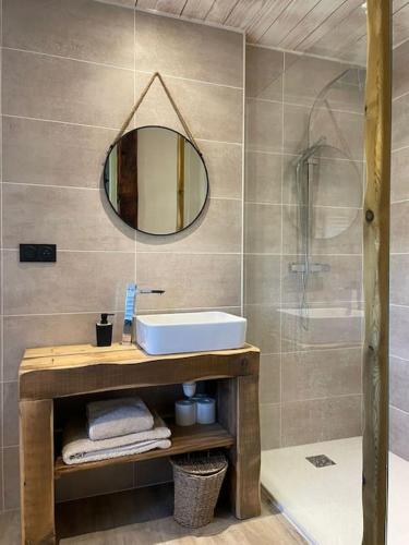 une salle de bain avec un lavabo et un miroir dans l'établissement Domaine des Combes - La Ferme aux Anes 14 pers., à Millau