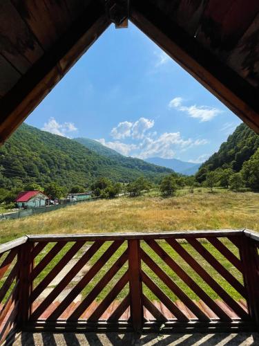 a view from a cabin window of a field and mountains at Pensiunea Dany in Clopotiva