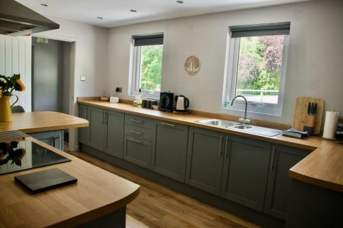 a kitchen with gray cabinets and a sink and two windows at Converted Stables at Peaceful Family Farm Stay in Pembrokeshire