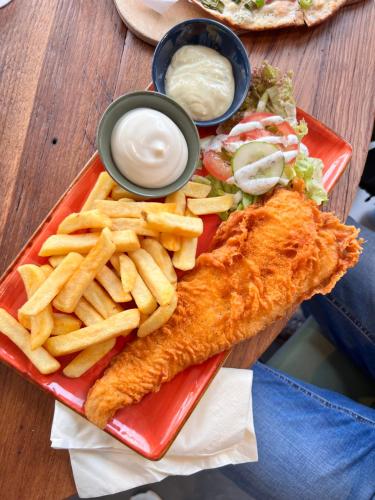 a red plate with fish and french fries and dip at EMSLAND-CAMP 