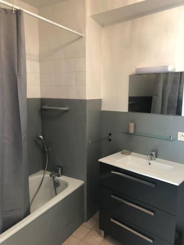 une salle de bain avec un lavabo, une douche et une baignoire dans l'établissement Location saisonnière à Cogles, à Les Portes du Coglais