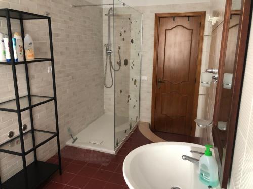 a bathroom with a shower and a sink and a glass shower stall at The reed in Mazzarino