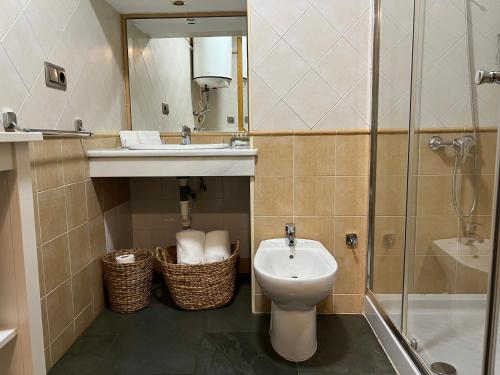 a bathroom with a sink and a toilet and a shower at Aljara Corredera in Córdoba