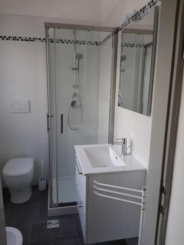 a bathroom with a sink and a shower and a toilet at Villa Lilly in Grado