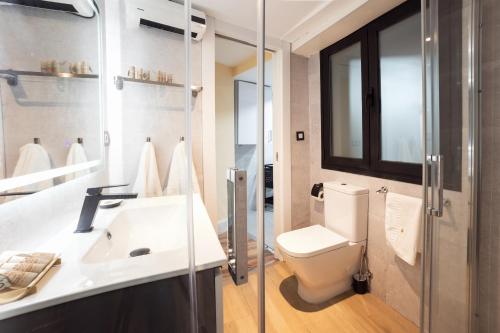 a bathroom with a toilet and a sink and a mirror at HERMOSA 7 in Granada