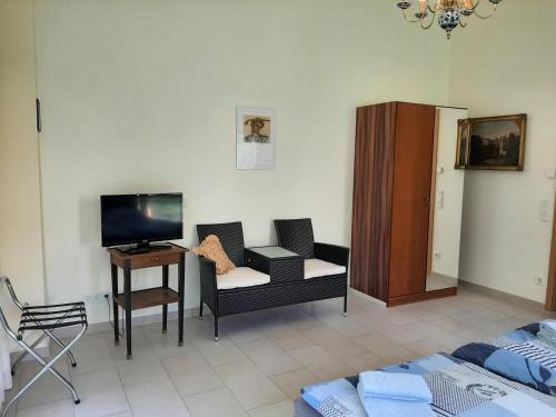 a living room with a tv and a chair at Schloss Thorn in Palzem