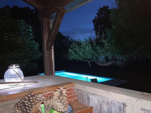 a swimming pool in a backyard at night at L'Ostal de Gagnac in Gagnac-sur-Cère