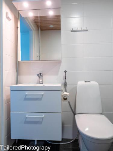 a white bathroom with a toilet and a sink at Uusi asunto ydinkeskustassa, Wifi, ilmainen pysäköinti in Lappeenranta