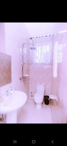 a white bathroom with a toilet and a sink at Kazua Homestay in Dar es Salaam
