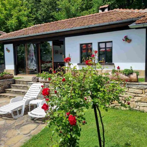 a garden with two white benches and red roses at АРНАТА КЪЩА in Yakovtsi