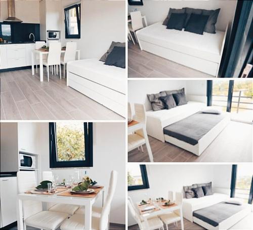 un collage de fotos de una habitación con cama y mesa en Trancoso Ecohouse en Trancoso
