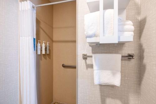 a bathroom with a shower and towels on a wall at Newly Renovated-Hampton Inn & Suites Casper in Casper