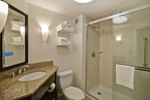 a bathroom with a shower and a toilet and a sink at Hampton Inn Detroit Madison Heights South Troy in Madison Heights