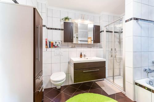 a bathroom with a sink and a toilet and a shower at Ferienwohnung Auszeit 