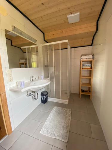 ein Bad mit einem Waschbecken und einem Spiegel in der Unterkunft Unterfuchs in Schladming