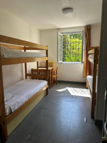 une chambre avec deux lits superposés et une fenêtre dans l'établissement Auberge de jeunesse HI Poitiers, à Poitiers