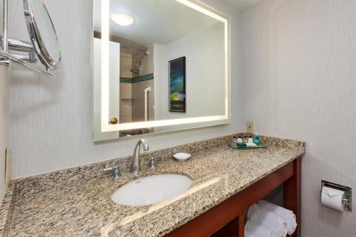 a bathroom with a sink and a mirror at Crowne Plaza Dulles Airport by IHG in Herndon