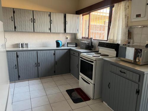 a kitchen with gray cabinets and white appliances at Eye Sea View in Margate