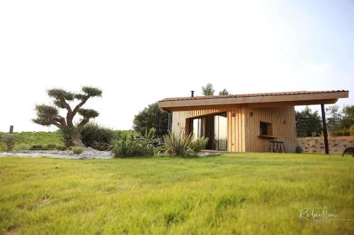 a small house in a field with a green yard at les Hauts de Rébeillou - Cabane Spa in Flourens