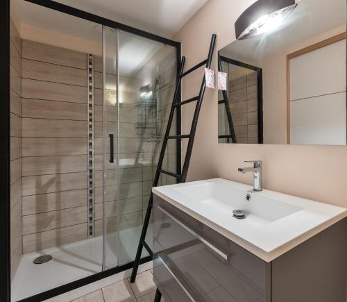 uma casa de banho com um lavatório e um chuveiro em Au Paradis des 2 Petites Abeilles em Félines-Minervois