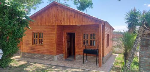 ein kleines Holzhaus mit einer Tür im Hof in der Unterkunft Cabañas TERMALES in Termas de Río Hondo