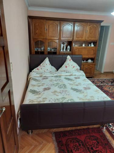 a large bed in a room with wooden cabinets at Pensiunea Irina in Sîngeorz-Băi