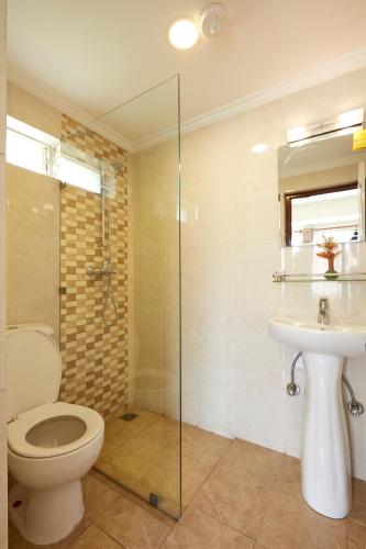 a bathroom with a toilet and a sink and a shower at Swayambhu Hotels & Apartments- Sitapaila in Kathmandu