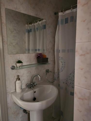 a bathroom with a sink and a shower curtain at Serena Vacation Home in Pomos