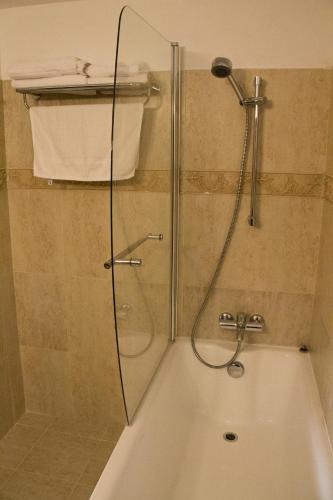 a shower with a glass door in a bathroom at Hotel City Ploiesti in Ploieşti