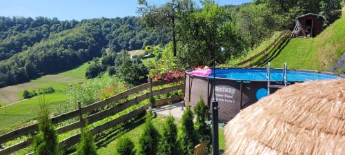 a resort with a swimming pool on a hill at Farm ,zidanica ,JOLI in Gorica pri Slivnici