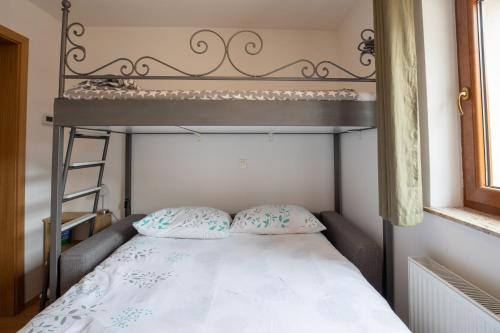 a bedroom with a bunk bed with a ladder at Apartma Lovor in Bohinj