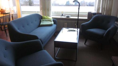 Sala de estar con 2 sofás azules y mesa de centro en Ferienwohnung 11 mit Aussicht und Kamin, en Sankt Andreasberg