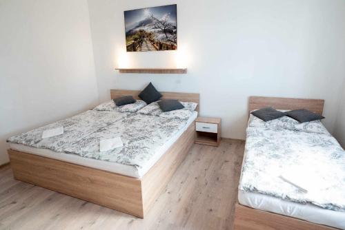 1 dormitorio con 2 camas y una foto en la pared en Apartmán LUKA, en Buchlovice