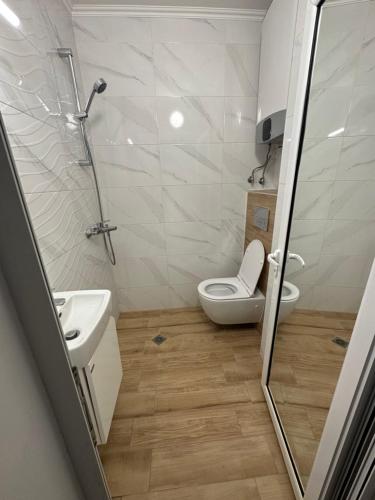 a bathroom with a shower and a toilet and a sink at Abel Apartment in Pomorie