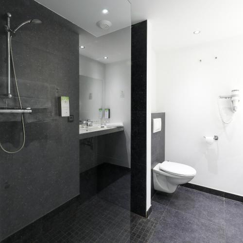 a bathroom with a shower and a toilet and a sink at Hotel Bô Rivage in Neufchâteau
