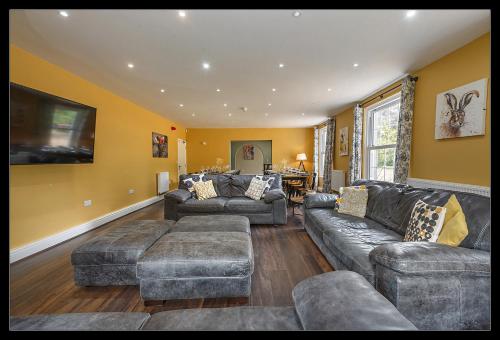 a large living room with couches and a tv at Stubbs House, Loddon, sleeps 20, 2 hot tubs in Loddon