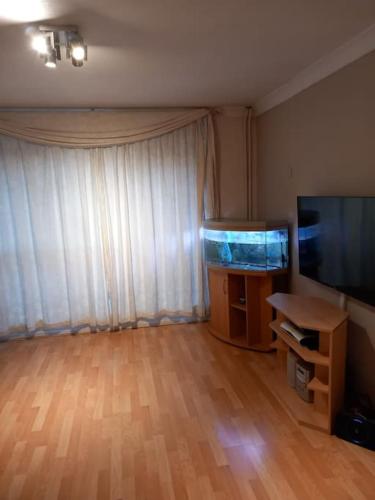 a living room with a flat screen tv and a fish tank at Beautiful Apartment in Hackney in London