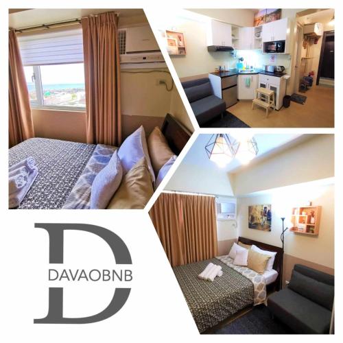 a collage of three pictures of a bedroom and a living room at Avida Davao by davaobnb & Lemonique Homes in Davao City
