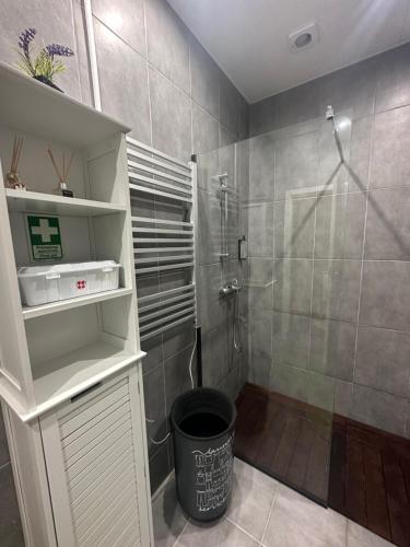 a bathroom with a shower and a trash can at Quiet Place in Machico