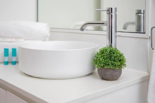 a bathroom sink with a potted plant on a counter at 'Sandy Shores' A Spacious Newcastle Beach Escape in Newcastle