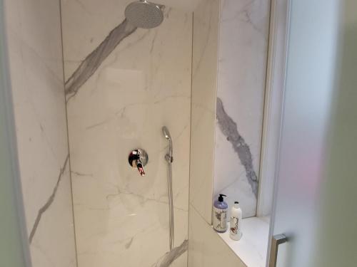 La salle de bains est pourvue d'une douche et d'un mur en marbre. dans l'établissement City Apartment Schotten Vienna, à Vienne