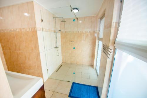 La salle de bains est pourvue d'une douche et d'un tapis bleu. dans l'établissement Beachfront Palapa21 - Jan Thiel, à Jan Thiel