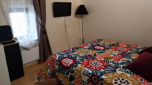 1 dormitorio con 1 cama con un edredón colorido en A L ESCALE PASSA PAÏS, en Le Poujol-sur-Orb