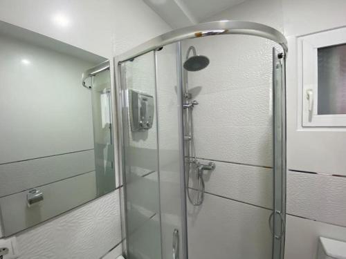 um chuveiro com uma porta de vidro na casa de banho em Puerto Playa Oceanografico Yulia em Valência