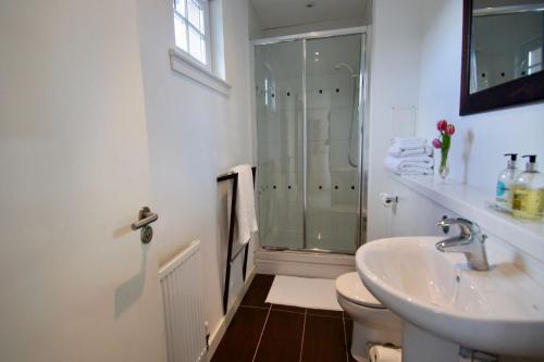 a bathroom with a sink and a toilet and a shower at Penthouse Apartment in Stirling