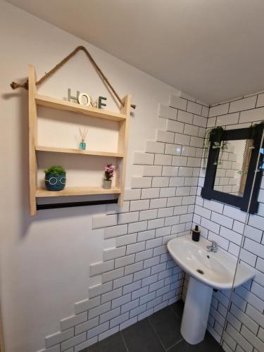 a bathroom with a sink and a shelf with the word love at CASA ȘINCU in Cristian