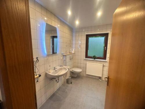 a bathroom with a sink and a toilet at Ferienwohnung Elly 3 km zum Diemelradweg in Liebenau