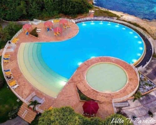 an overhead view of a large swimming pool at VILLA Ti Paradis ANSE DES ROCHERS in Saint-François