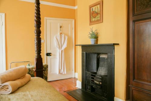 a living room with a fireplace and a mannequin at Huntlands Farm Bed & Breakfast in Bromyard